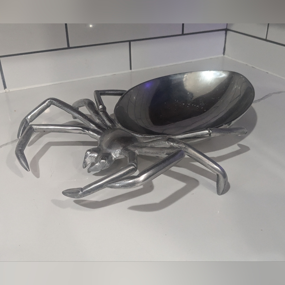 Silver metal Halloween spider candy dish